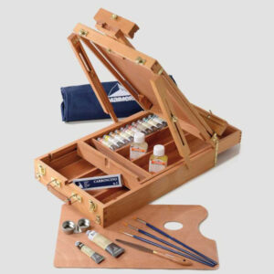 Cassetta Cavalletto in Massello di Faggio 15 Tubi da 20 ML + Tubo da 60 ML Bianco di Titanio + Accessori Colori ad Olio Artisti Maimeri