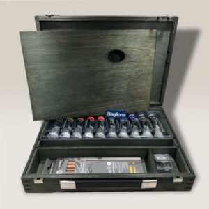 Cassetta Vintage Jeans in Legno Multistrato di Betulla 31X25cm, Tavolozza + 10 Tubi assortiti da 20 ML, 1 Lyra Graphite Set Olio Classico Maimeri