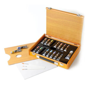 Cassetta in Legno più Tavolozza, 16 Tubi da 20 ML + 1 Tubo da 60 ML Bianco di Titanio Polycolor Maimeri