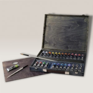 Cassetta Vintage Jeans in Legno Multistrato di Betulla, Acrilico Polycolor 37x30 cm, Tavolozza, 2 Pennelli Sintetici, 26 Tubi da 20 ML assortiti Maimeri